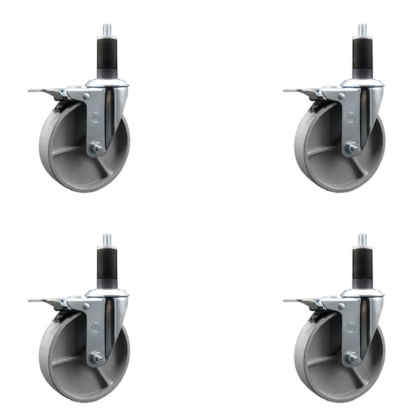 5'' Semi Steel Swivel 1-1/4'' Expanding Stem Caster Set Total Lock Brake, 4PK